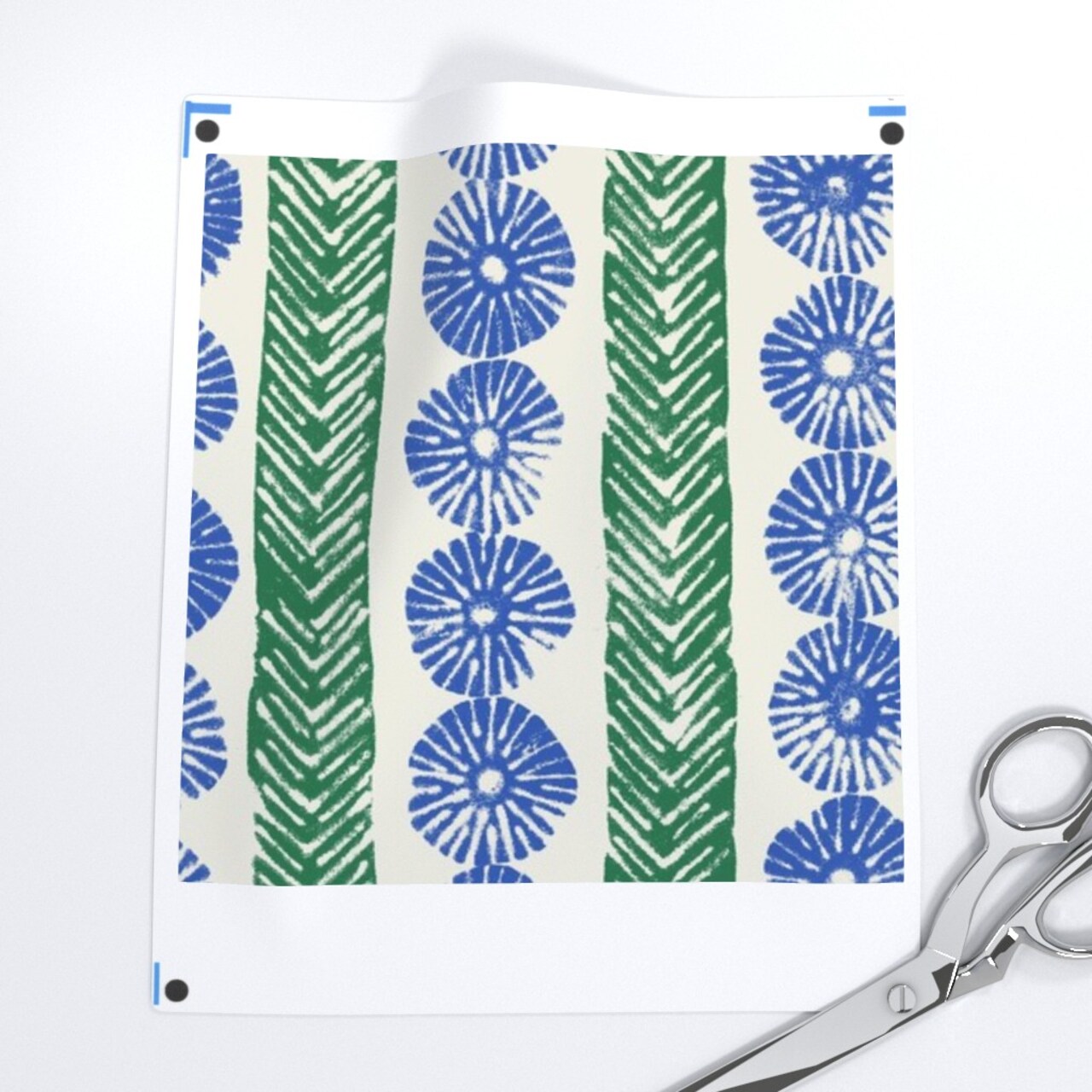 Block Print Floral Blue Green Geometric Stripes Mid-Century Jewel Tone Coastal Custom Printed Fabric by Spoonflower Various Fabrics by the Yard or Fat Quarter